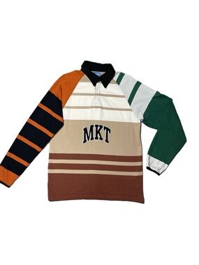 Mens Long-Sleeve Markret Rugby Striped Embroidered Polo Shirt